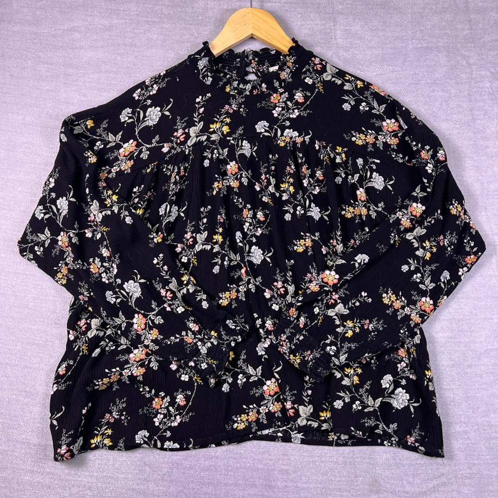 Altar'd State‎  Floral Smocked Mock Neck Blouse Women LG Black Rayon ALON1811-09